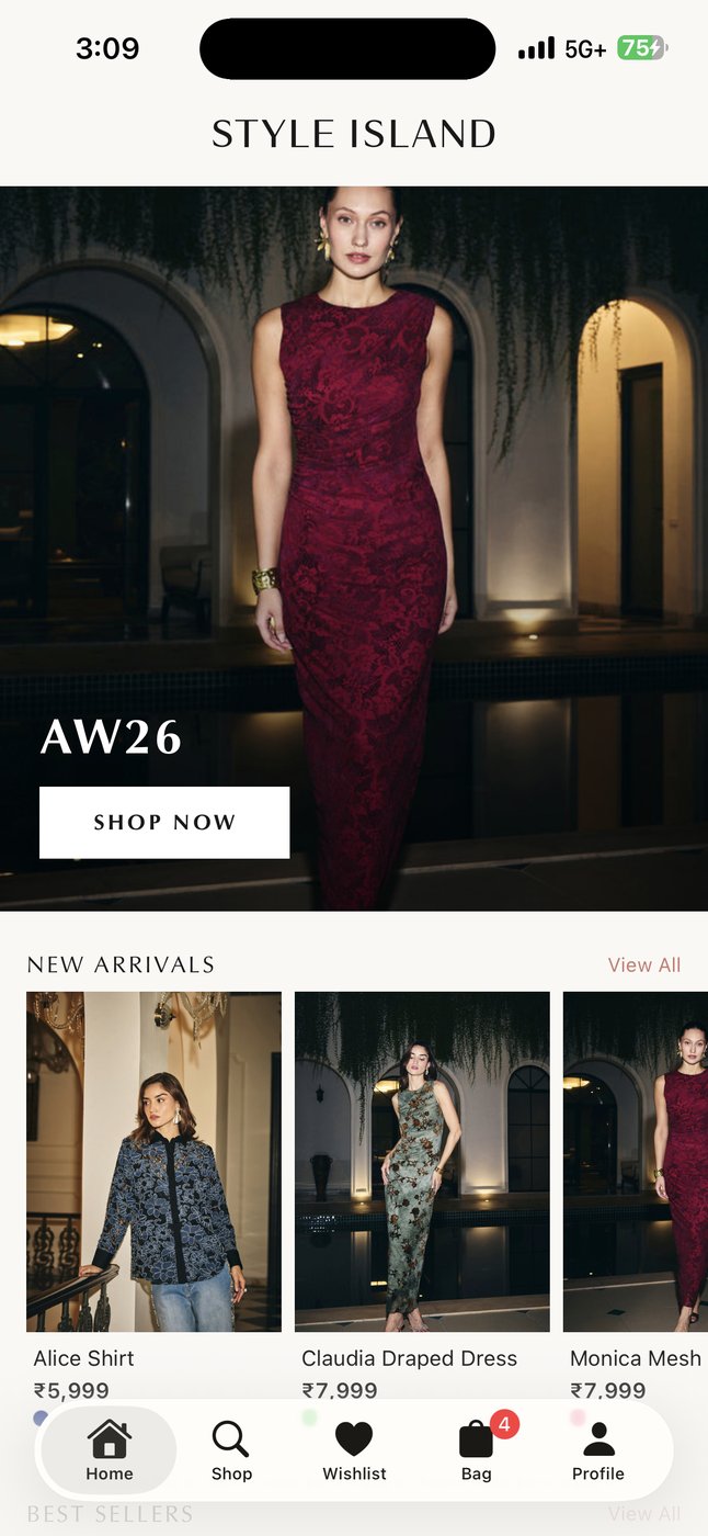 Style Island app home screen with a seasonal banner and new arrivals